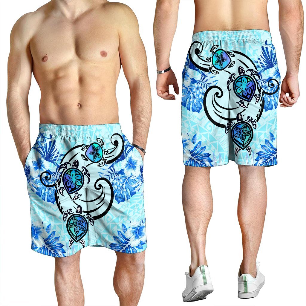 Hawaii Polynesian Plumeria Hibiscus Turtle Men's Shorts - AH - Jack Style - Blue - Polynesian Pride