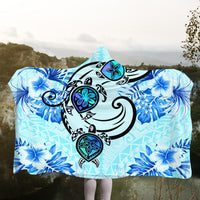Hawaii Polynesian Plumeria Hibiscus Turtle Hooded Blanket - AH - Jack Style - Blue - Polynesian Pride