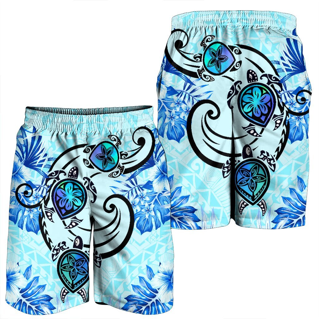 Hawaii Polynesian Plumeria Hibiscus Turtle Men's Shorts - AH - Jack Style - Blue - Polynesian Pride