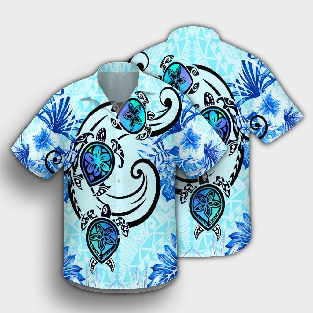 Hawaii Polynesian Plumeria Hibiscus Turtle Hawaiian Shirt - AH - Jack Style - Blue - Polynesian Pride