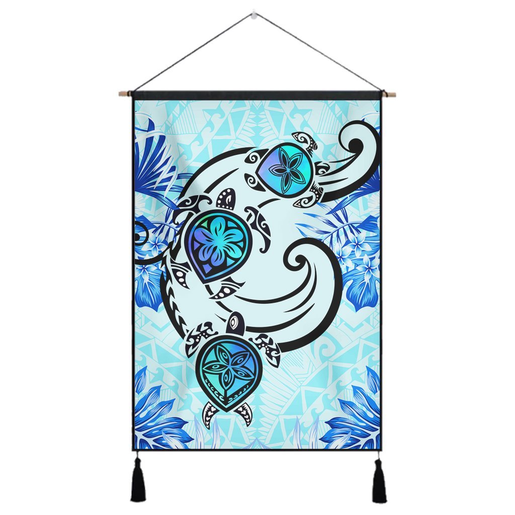 Hawaii Polynesian Plumeria Hibiscus Turtle Hanging Poster - AH - Jack Style - Blue Hanging Poster Cotton And Linen - Polynesian Pride