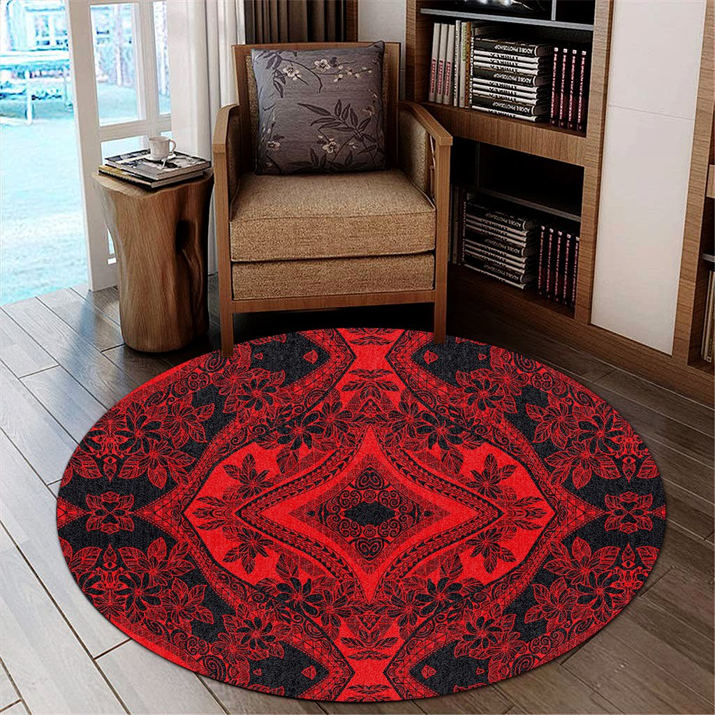 Hawaii Polynesian Plumeria Mix Red Black Round Carpet - AH Round Carpet Luxurious Plush - Polynesian Pride