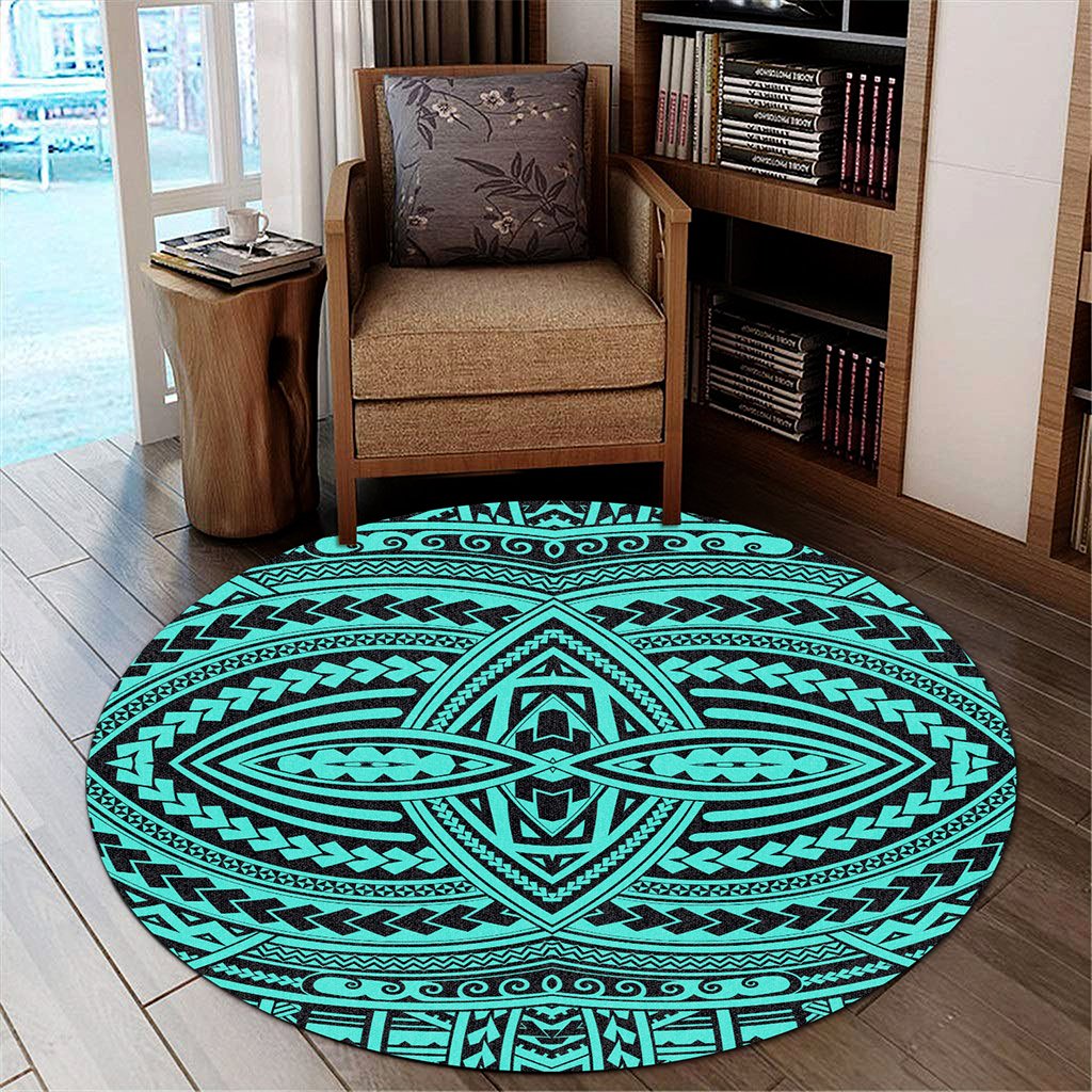 Hawaii Polynesian Seamless Turquoise Round Carpet - AH Round Carpet Luxurious Plush - Polynesian Pride