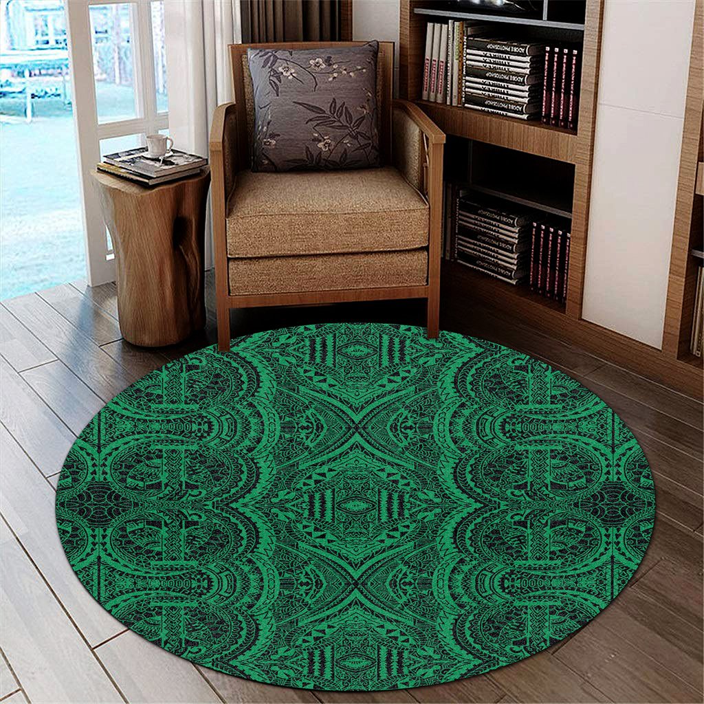 Hawaii Polynesian Symmetry Green Round Carpet - AH Round Carpet Luxurious Plush - Polynesian Pride