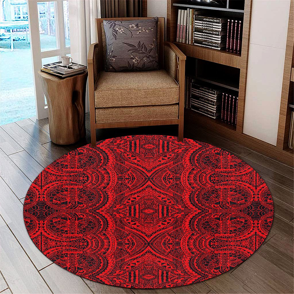 Hawaii Polynesian Symmetry Red Round Carpet - AH Round Carpet Luxurious Plush - Polynesian Pride
