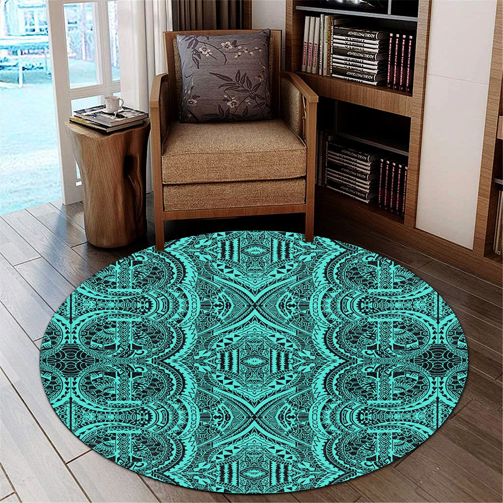 Hawaii Polynesian Symmetry Turquoise Round Carpet - AH Round Carpet Luxurious Plush - Polynesian Pride
