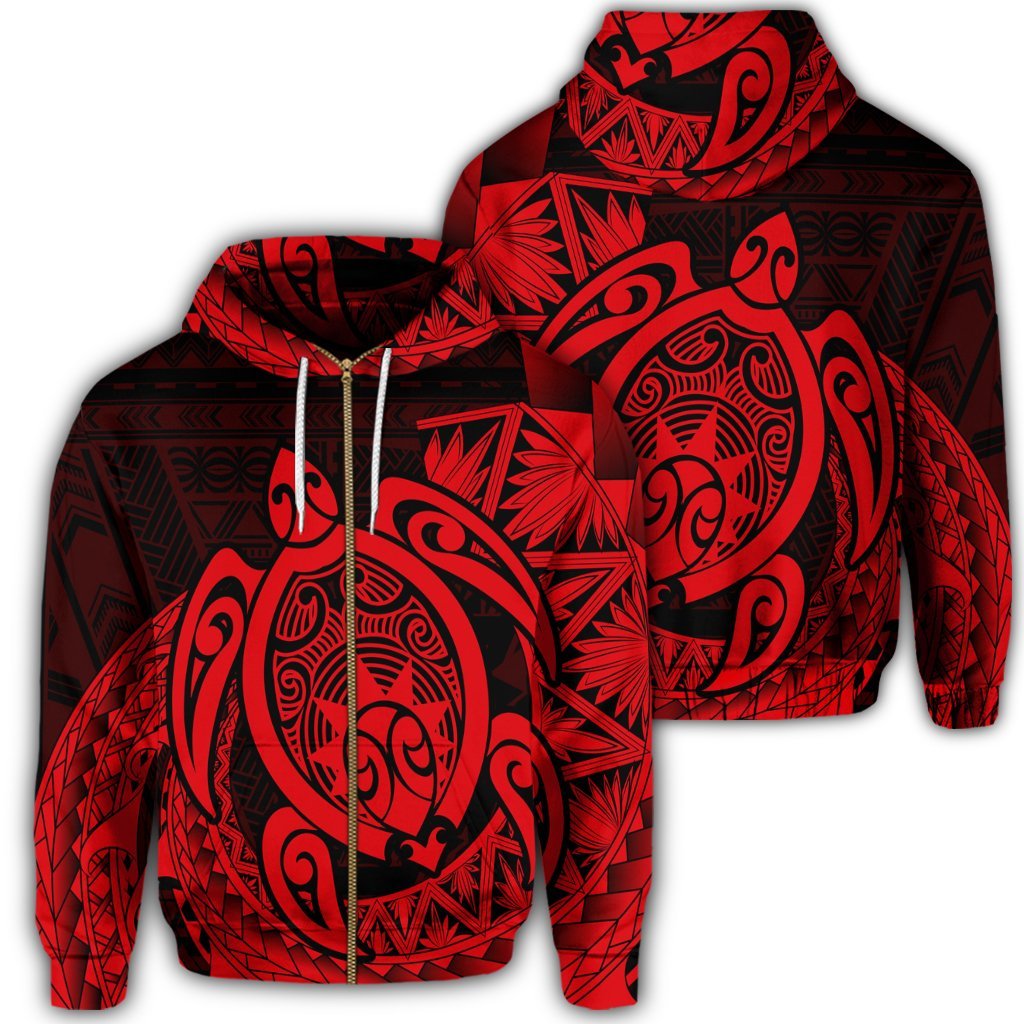 Hawaii Polynesian Turtle Zip Hoodie Red Unisex Art - Polynesian Pride