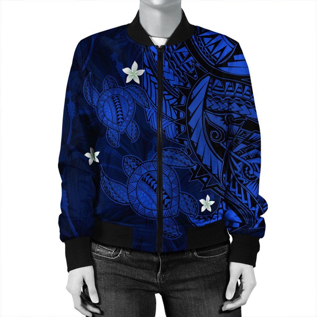 Hawaii Polynesian Turtle Hibiscus Bomber Jacket - Blue - AH - Polynesian Pride