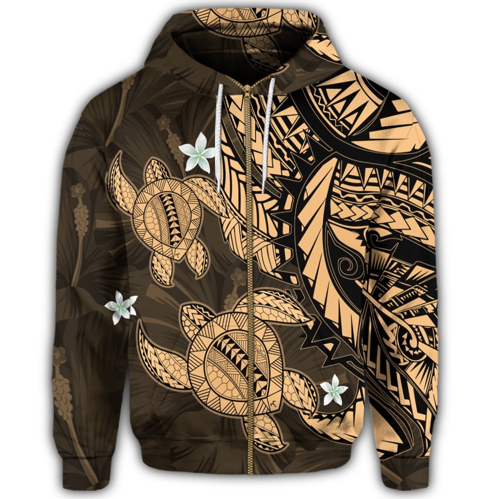 Hawaii Zip Hoodie Polynesian Turtle with Hibiscus Gold - Polynesian Pride