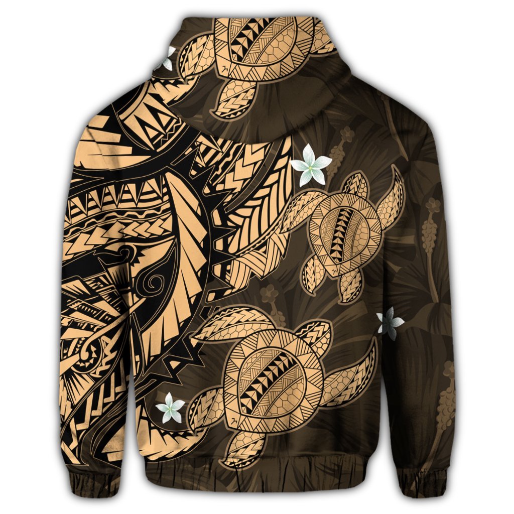 Hawaii Zip Hoodie Polynesian Turtle with Hibiscus Gold - Polynesian Pride