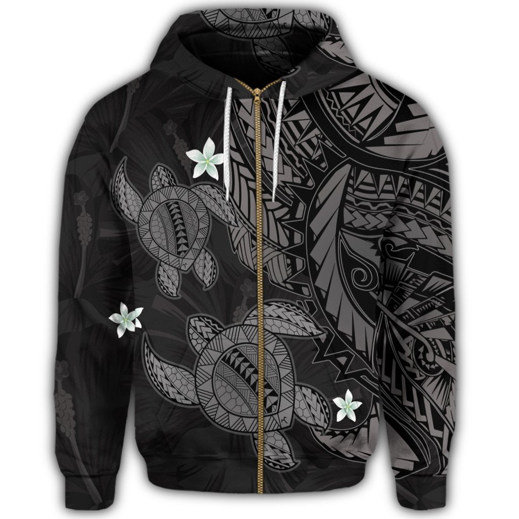 Hawaii Zip Hoodie Polynesian Turtle with Hibiscus Gray - Polynesian Pride