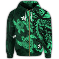 Hawaii Zip Hoodie Polynesian Turtle with Hibiscus Green - Polynesian Pride