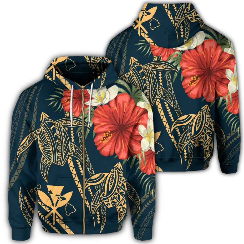 Hawaii Zip Hoodie Polynesian Turtle with Hibiscus Nolan Style Unisex Art - Polynesian Pride