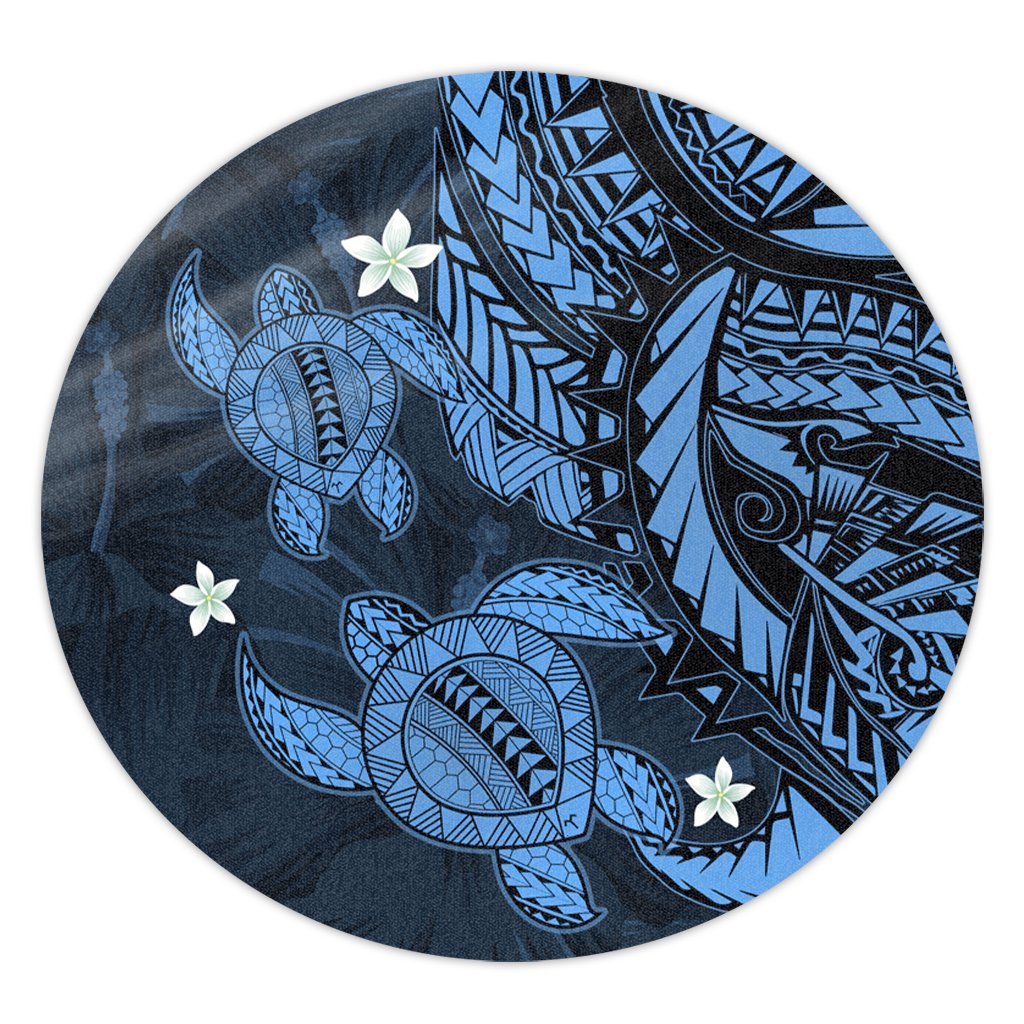 Hawaii Polynesian Turtle Hibiscus Round Carpet - Pastel Blue - AH Round Carpet Luxurious Plush - Polynesian Pride