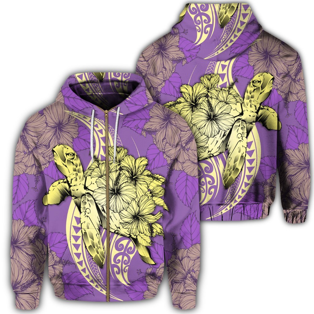 Hawaii Zip Hoodie Polynesian Turtle with Hibiscus Yellow Unisex Art - Polynesian Pride