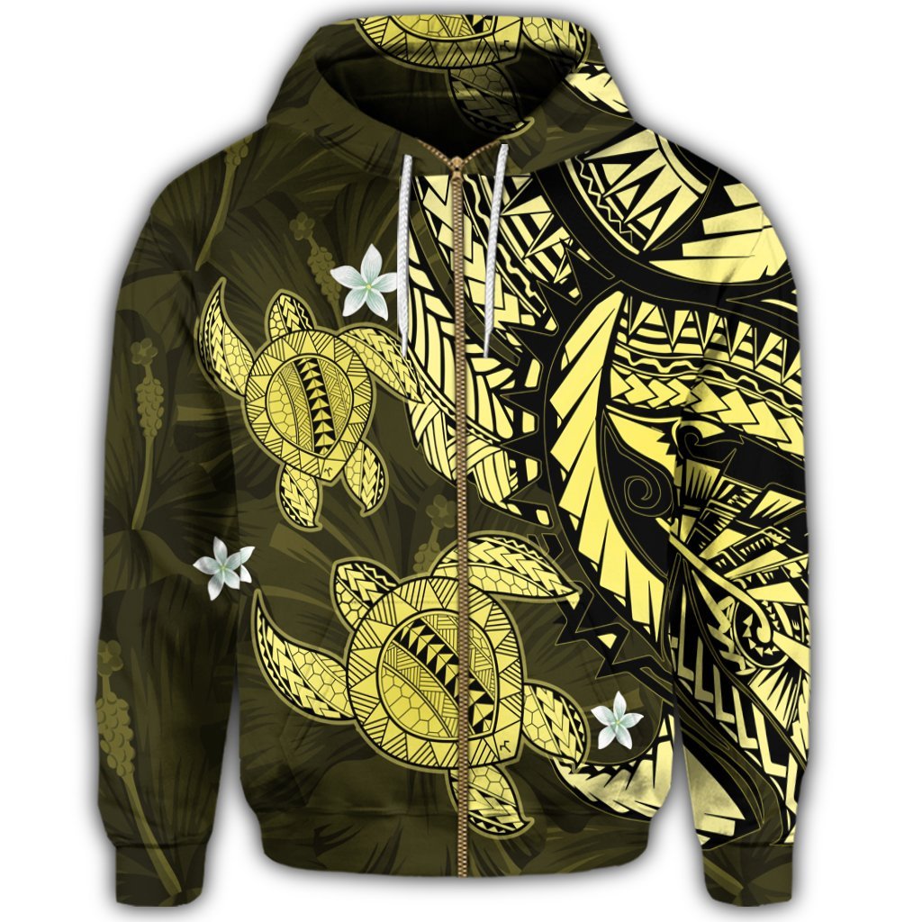 Hawaii Zip Hoodie Polynesian Turtle with Hibiscus Yelow - Polynesian Pride