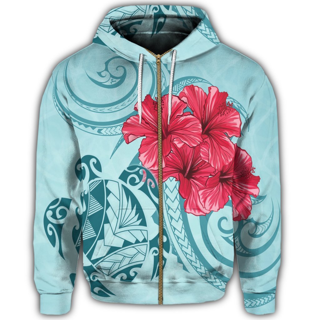 Hawaii Zip Hoodie Polynesian Turtle with Hibiscus Blue Bless Style - Polynesian Pride