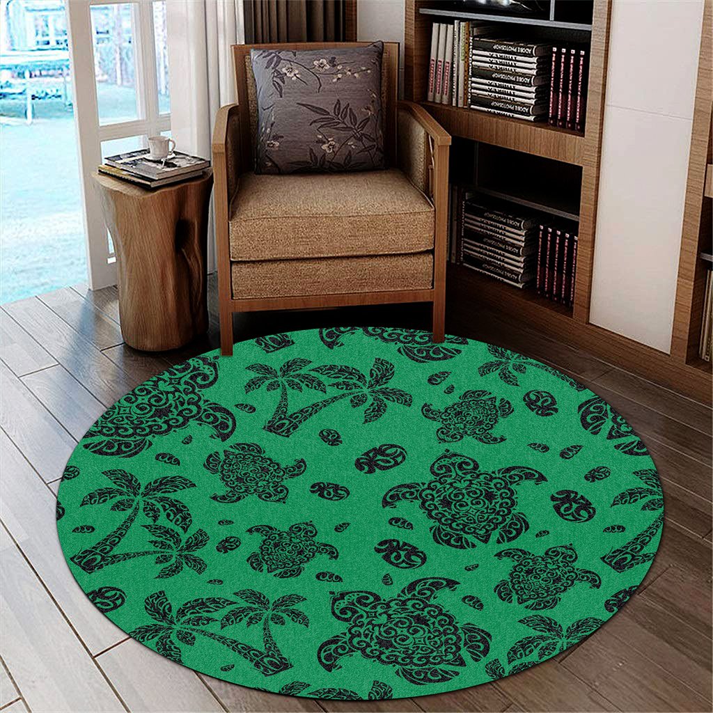 Hawaii Polynesian Turtle Palm And Sea Pebbles Green Round Carpet - AH Round Carpet Luxurious Plush - Polynesian Pride