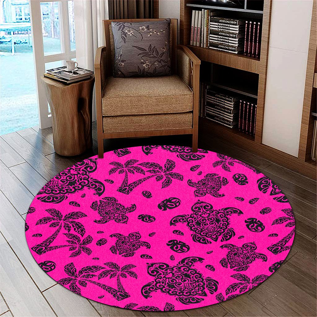 Hawaii Polynesian Turtle Palm And Sea Pebbles Pink Round Carpet - AH Round Carpet Luxurious Plush - Polynesian Pride