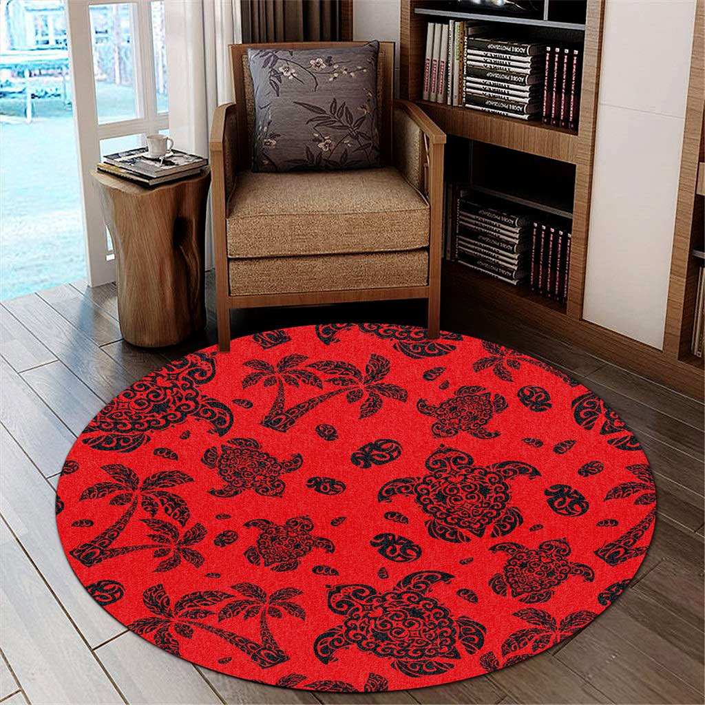 Hawaii Polynesian Turtle Palm And Sea Pebbles Red Round Carpet - AH Round Carpet Luxurious Plush - Polynesian Pride