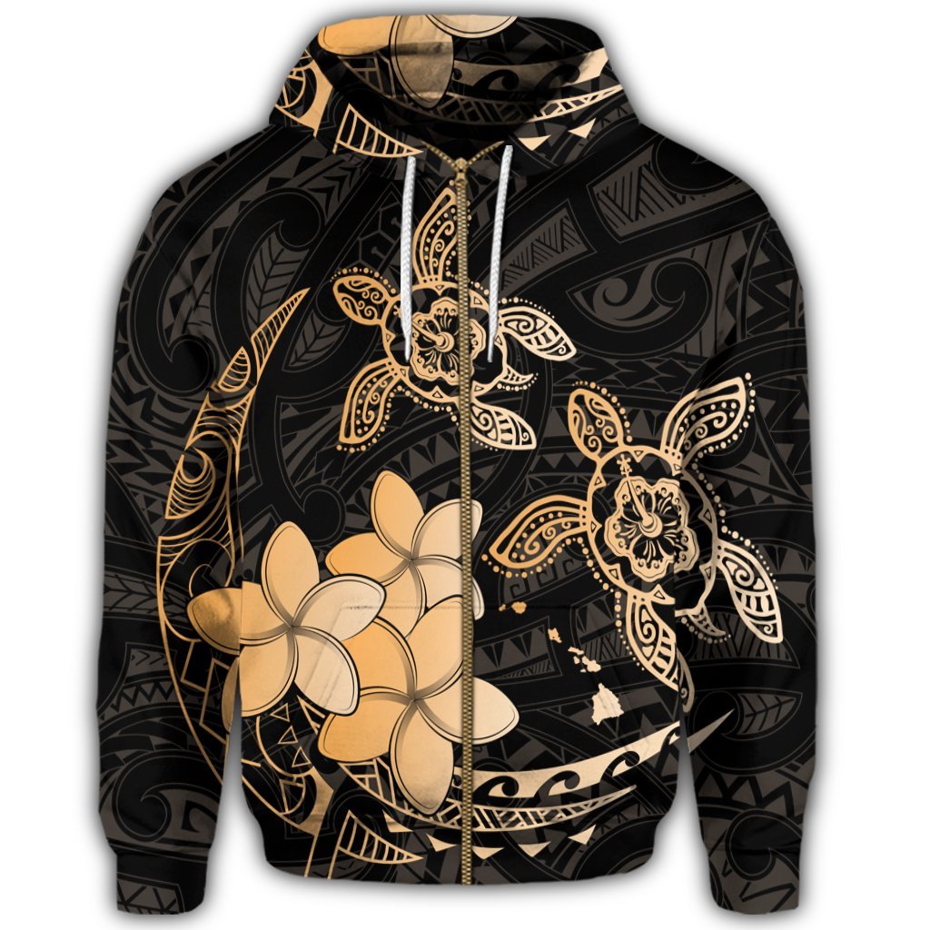 Hawaii Zip Hoodie Polynesian Turtle with Plumeria Pog Style Gold - Polynesian Pride