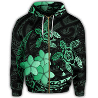 Hawaii Zip Hoodie Polynesian Turtle with Plumeria Pog Style Green - Polynesian Pride