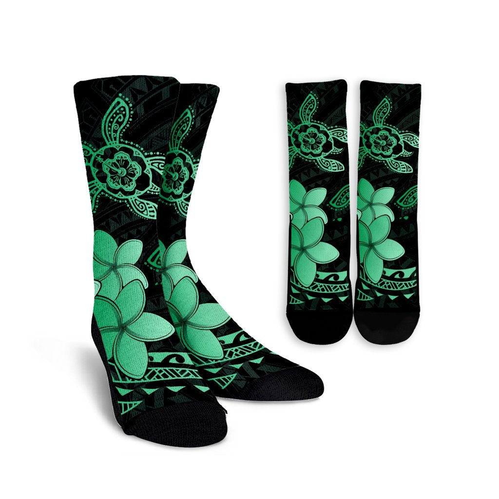 Hawaii Polynesian Turtle Plumeria Crew Socks - Pog Style Green - AH Crew Socks White - Polynesian Pride