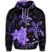 Hawaii Zip Hoodie Polynesian Turtle with Plumeria Pog Style Purple - Polynesian Pride