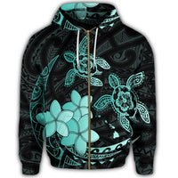 Hawaii Zip Hoodie Polynesian Turtle with Plumeria Pog Style Turquoise - Polynesian Pride