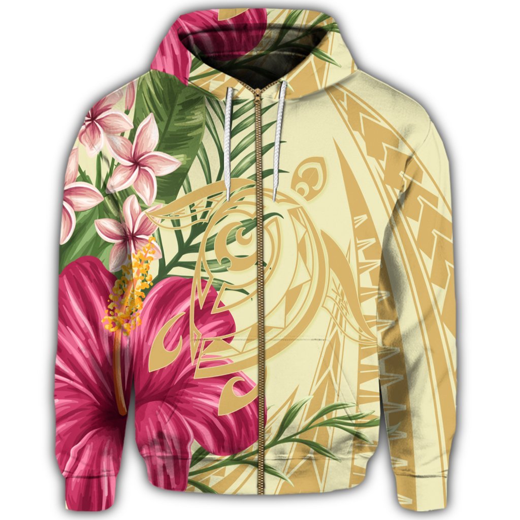 Hawaii Zip Hoodie Polynesian Turtle Tropical Hibiscus Plumeria Beige - Polynesian Pride