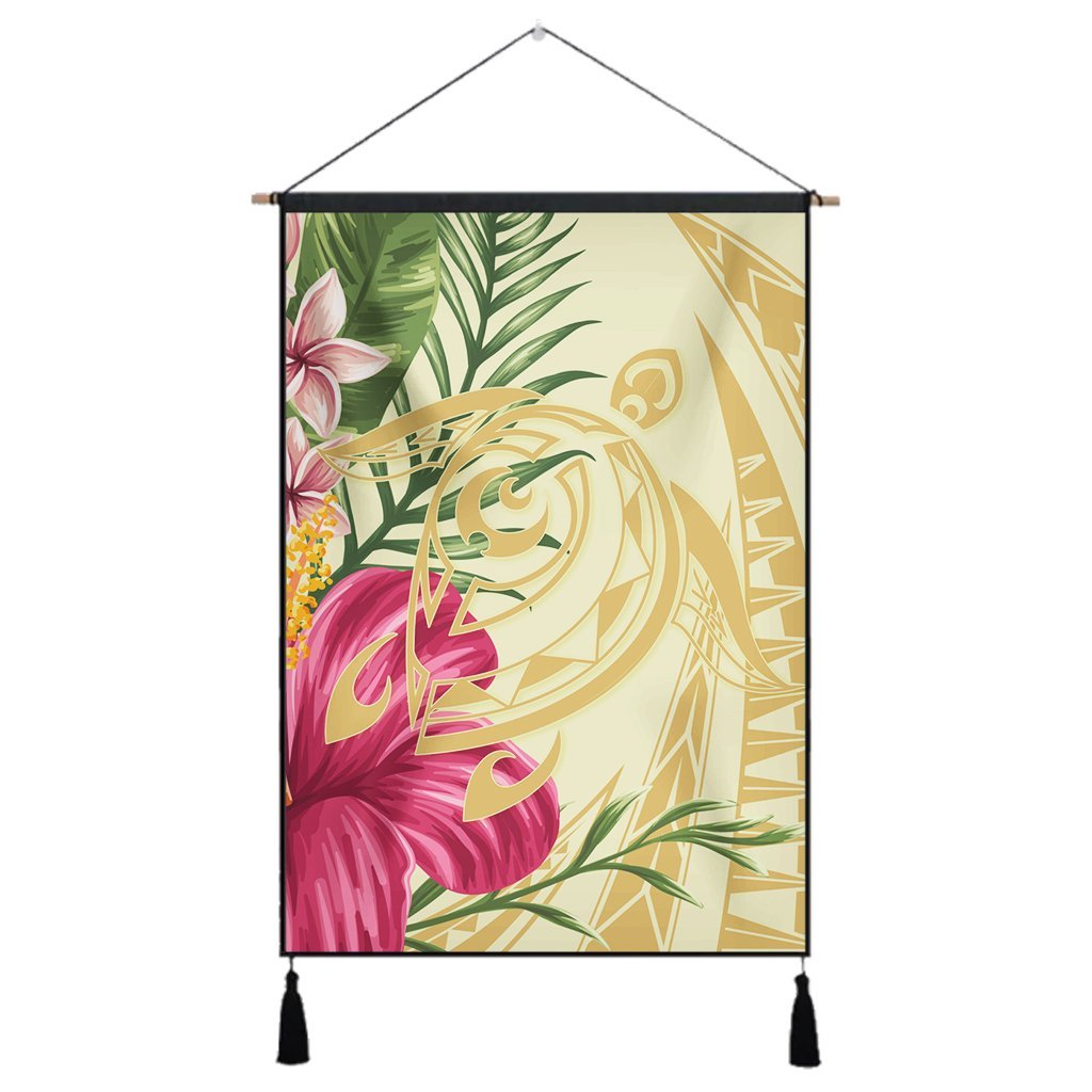 Hawaii Polynesian Turtle Tropical Hibiscus Plumeria Hanging Poster - Beige - AH Hanging Poster Cotton And Linen - Polynesian Pride