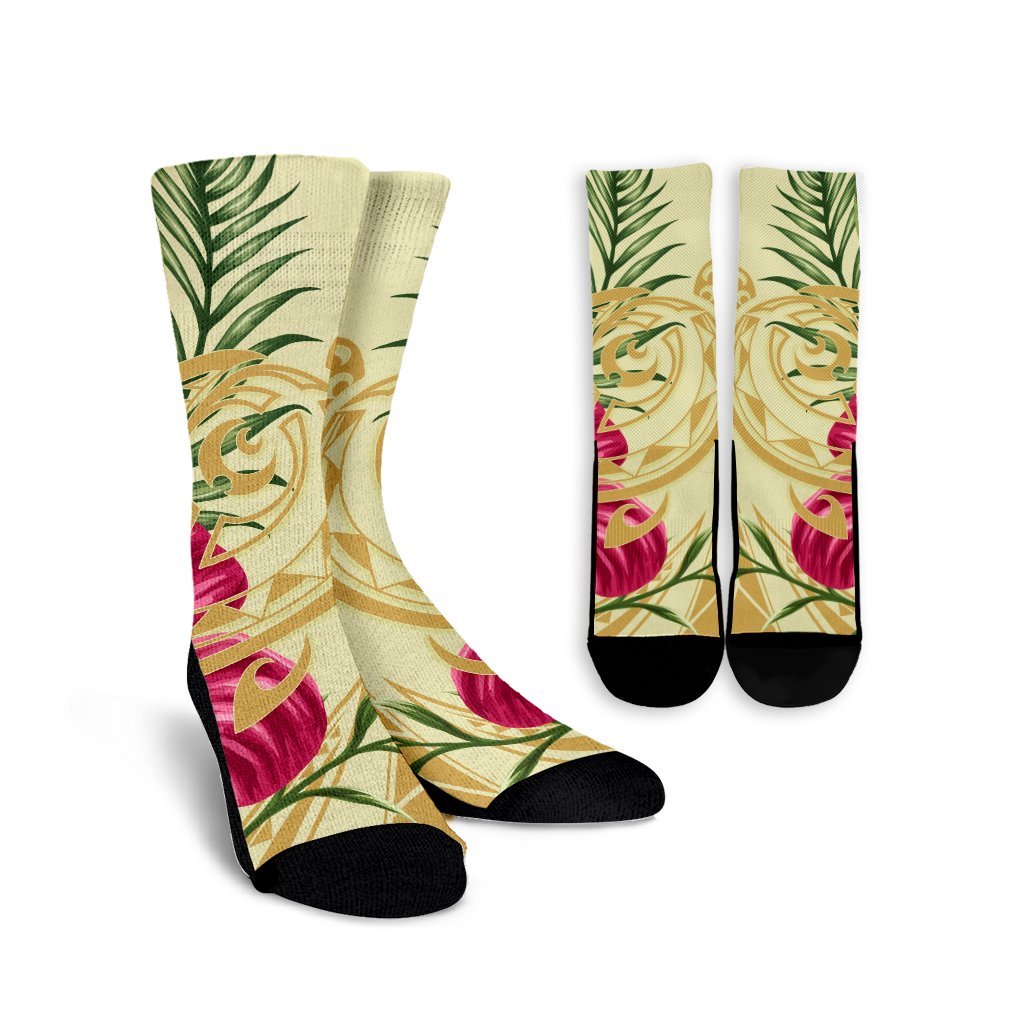 Hawaii Polynesian Turtle Tropical Hibiscus Plumeria Crew Socks - Beige - AH Crew Socks White - Polynesian Pride