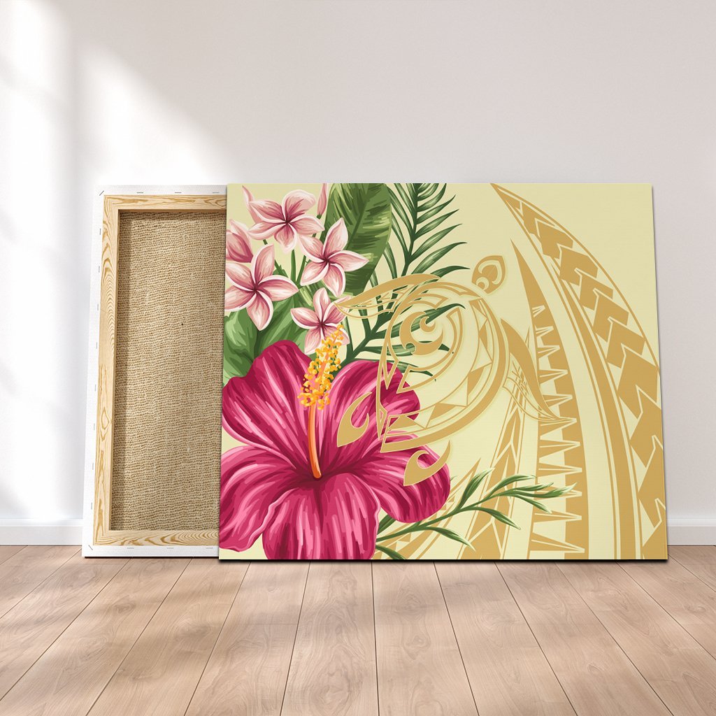 Hawaii Polynesian Turtle Tropical Hibiscus Plumeria Canvas - Beige - AH Canvas Poly-cotton - Polynesian Pride