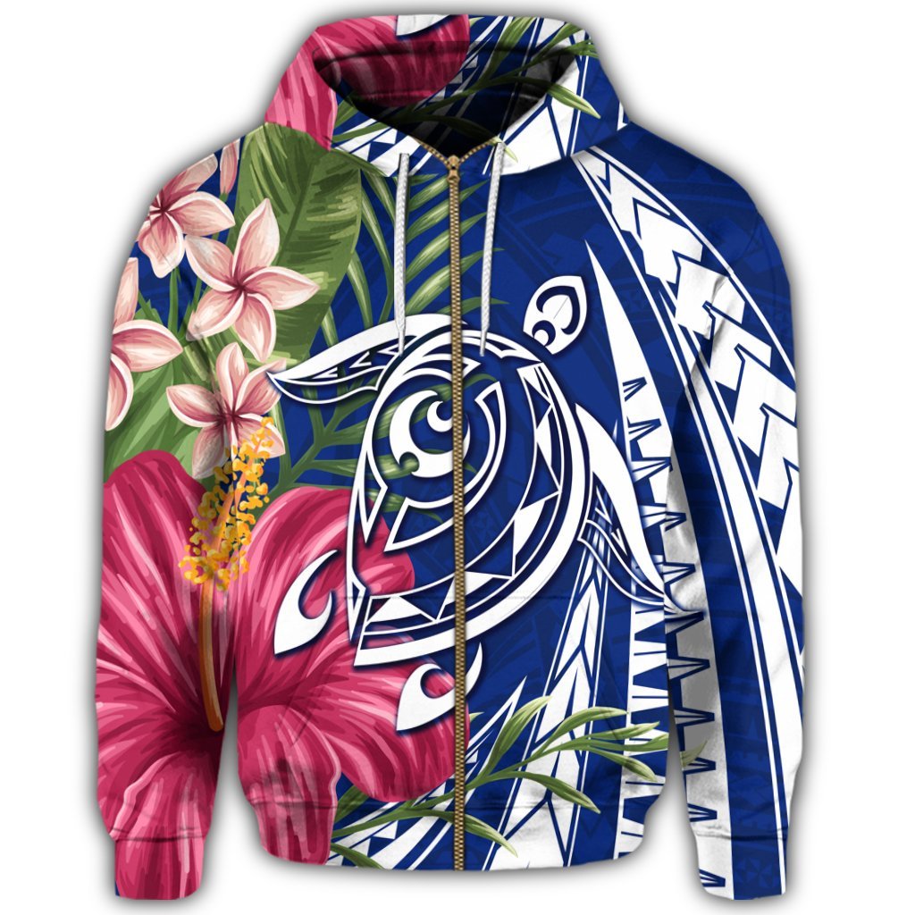 Hawaii Zip Hoodie Polynesian Turtle Tropical Hibiscus Plumeria Blue - Polynesian Pride