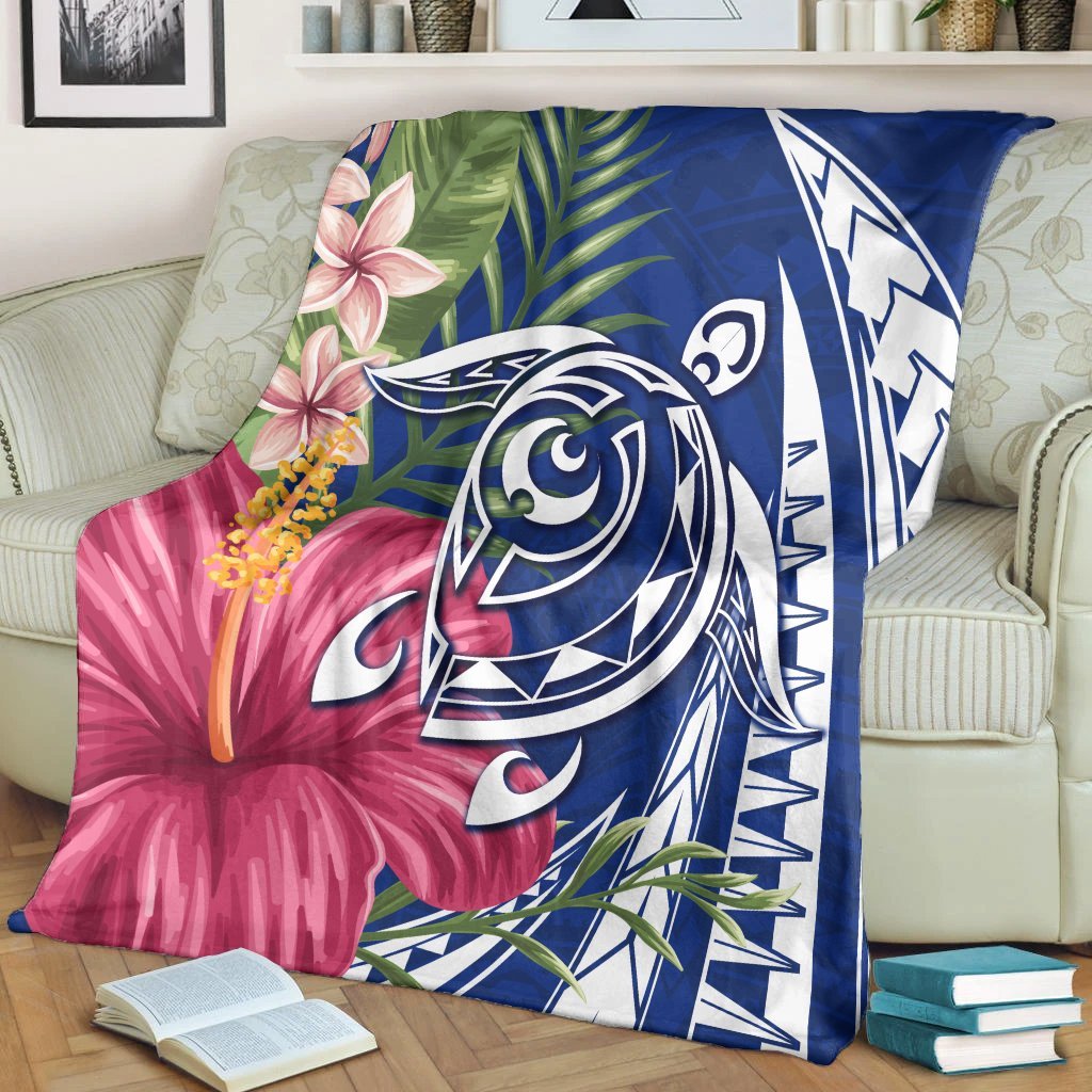 Hawaii Polynesian Turtle Tropical Hibiscus Plumeria Premium Blankets - Blue - AH - Polynesian Pride