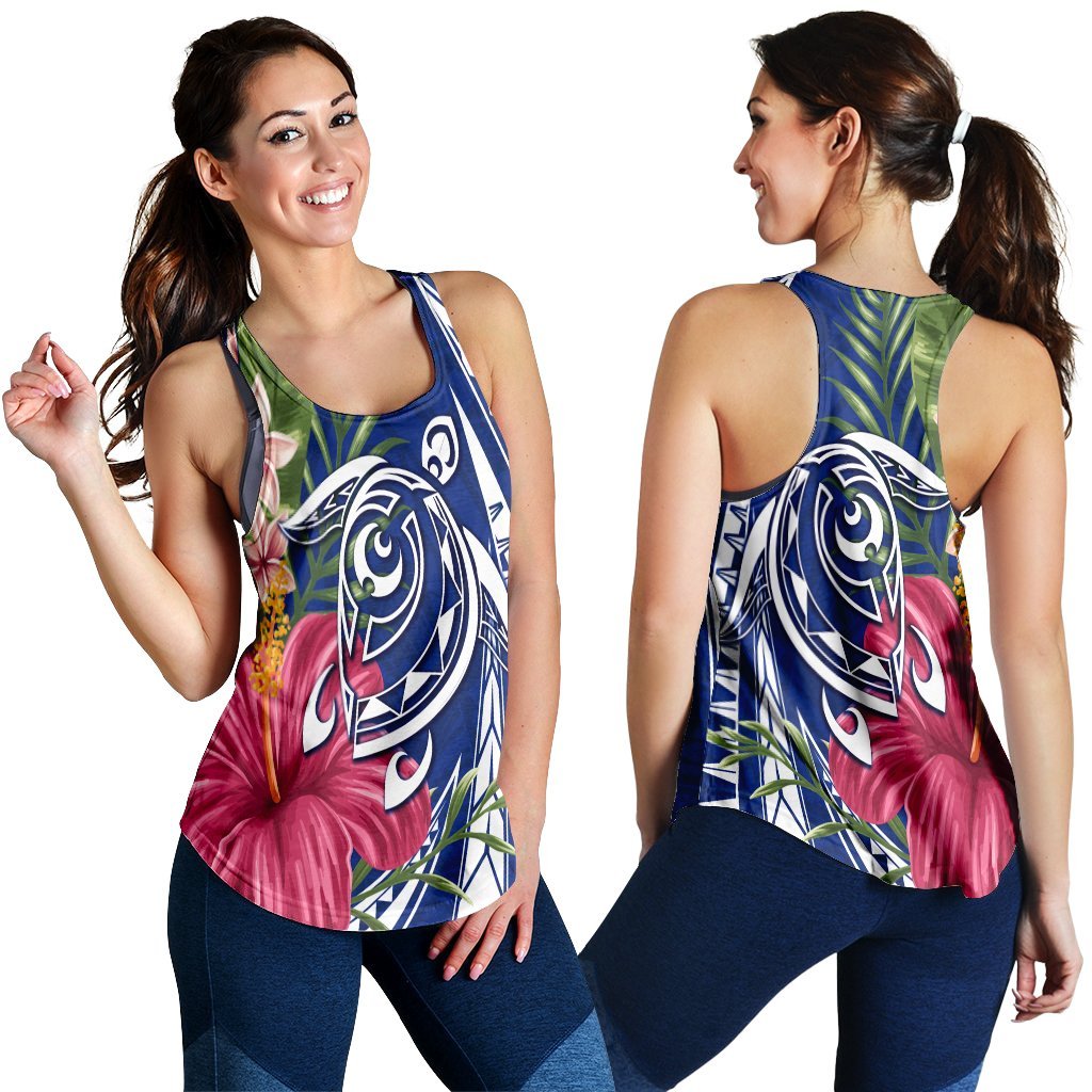 Hawaii Polynesian Turtle Tropical Hibiscus Plumeria Racerback Tank - Blue - AH Black - Polynesian Pride