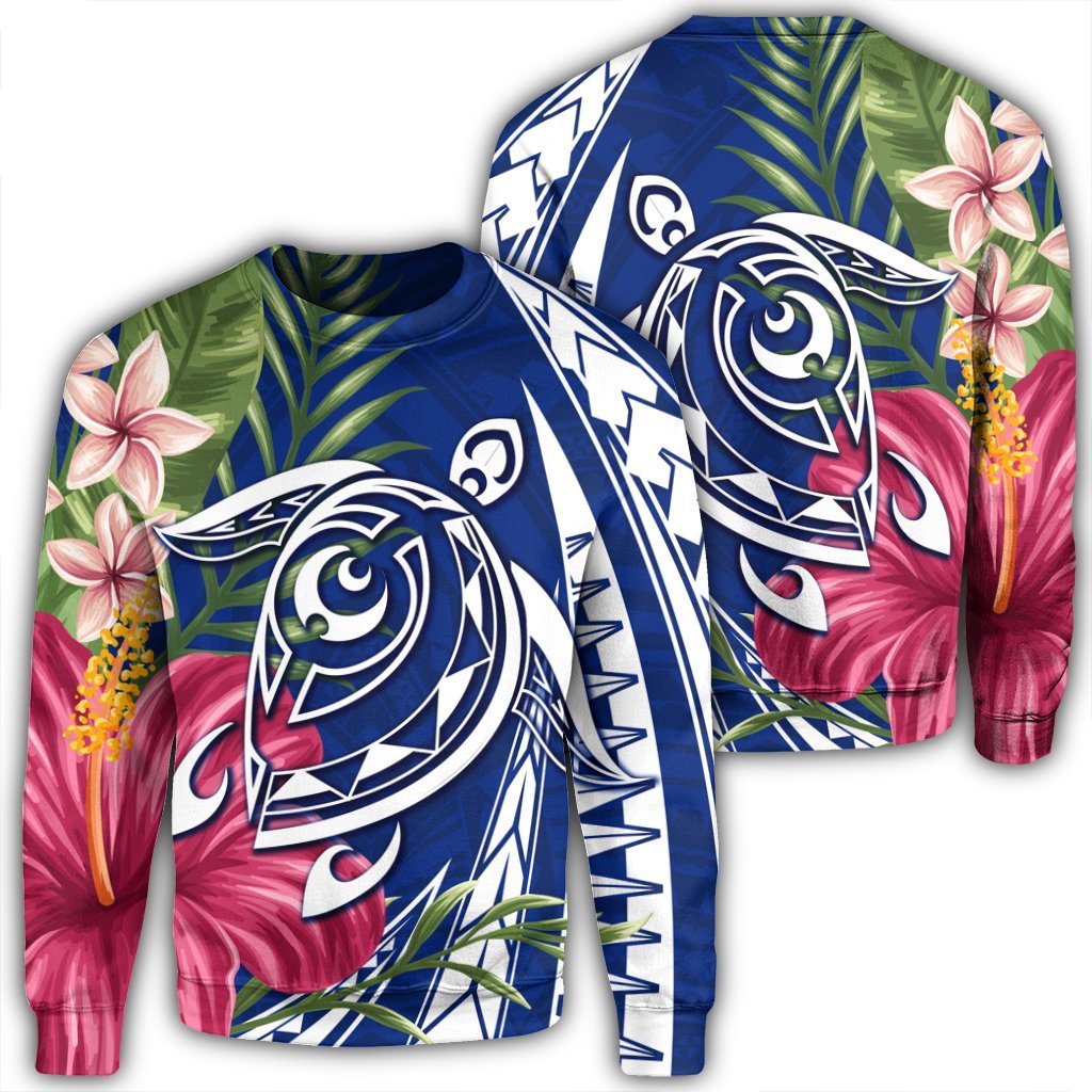 Hawaii Polynesian Turtle Tropical Hibiscus Plumeria Sweatshirt - Blue - AH Unisex Black - Polynesian Pride