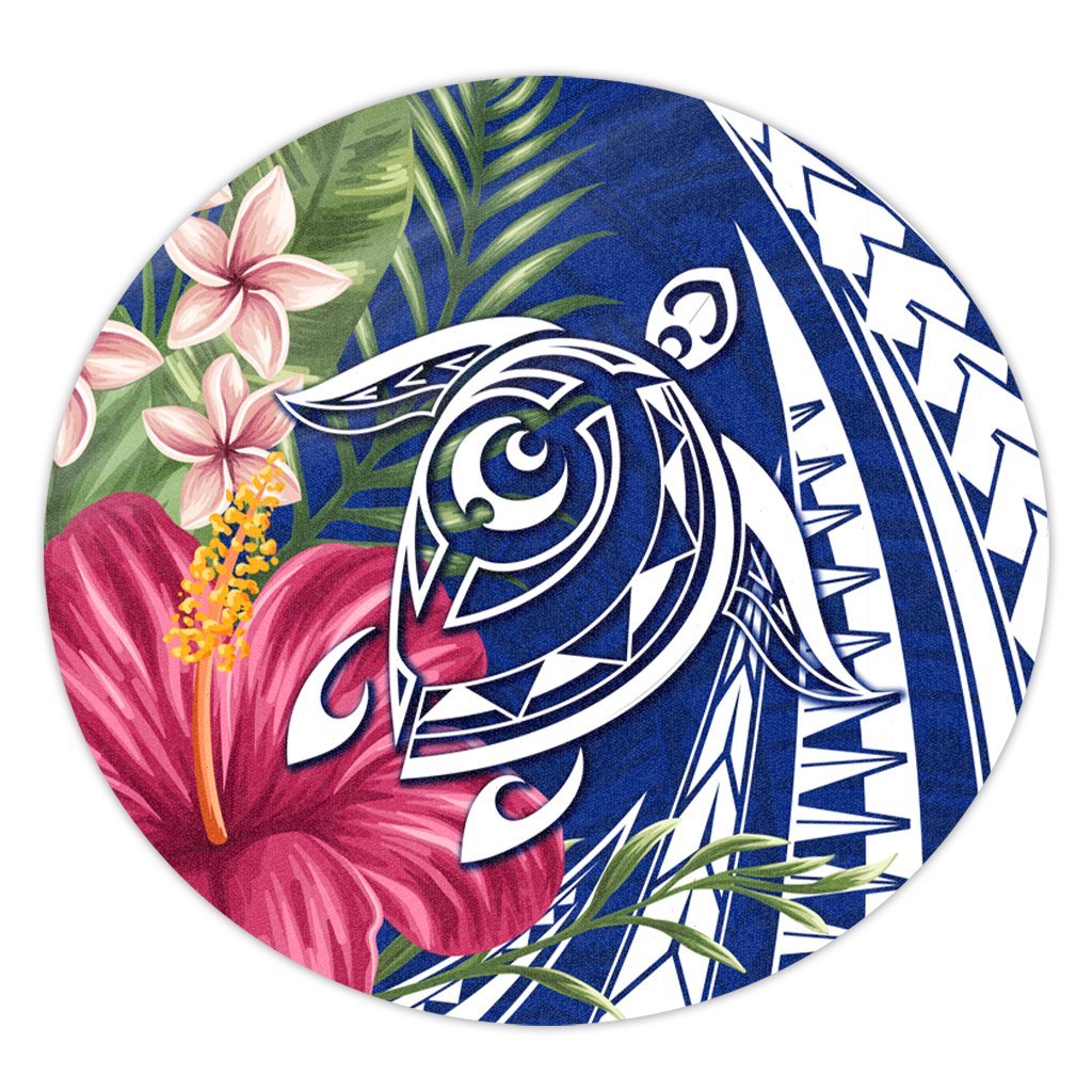Hawaii Polynesian Turtle Tropical Hibiscus Plumeria Round Carpet - Blue - AH Round Carpet Luxurious Plush - Polynesian Pride