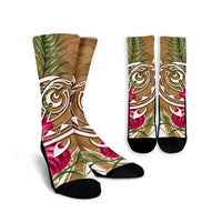 Hawaii Polynesian Turtle Tropical Hibiscus Plumeria Crew Socks - Gold - AH Crew Socks White - Polynesian Pride