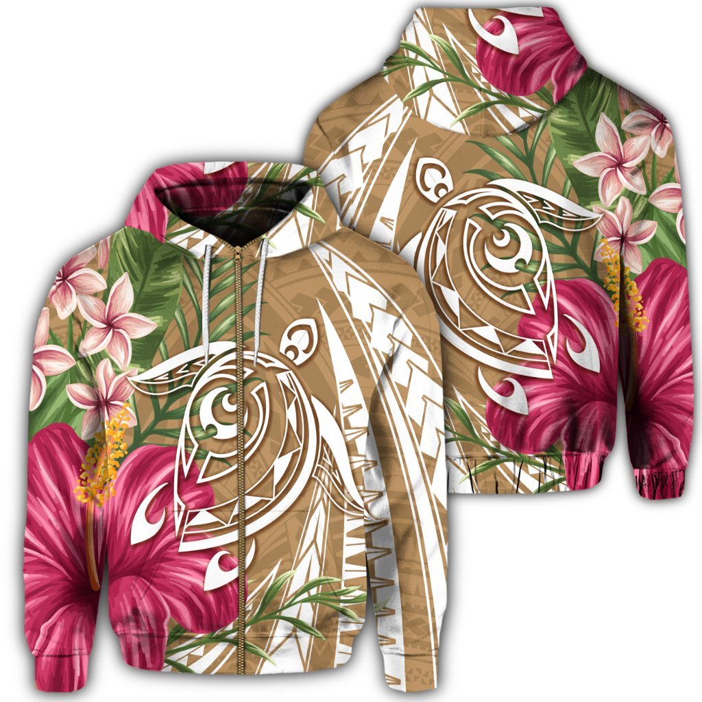 Hawaii Zip Hoodie Polynesian Turtle Tropical Hibiscus Plumeria Gold Unisex Art - Polynesian Pride