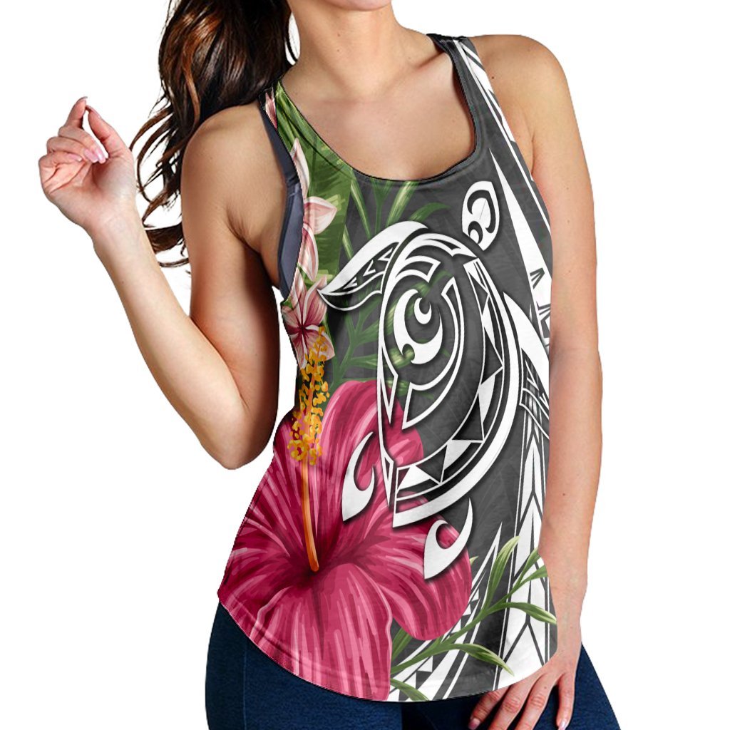 Hawaii Polynesian Turtle Tropical Hibiscus Plumeria Racerback Tank - Gray - AH - Polynesian Pride