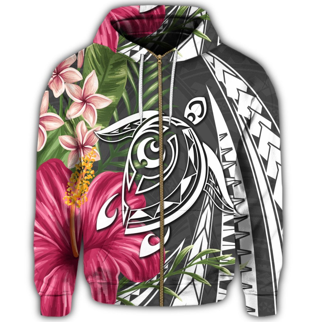 Hawaii Zip Hoodie Polynesian Turtle Tropical Hibiscus Plumeria Gray - Polynesian Pride