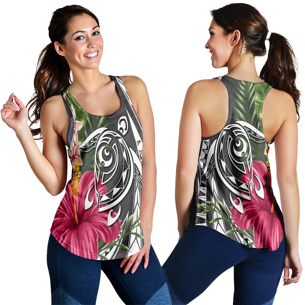 Hawaii Polynesian Turtle Tropical Hibiscus Plumeria Racerback Tank - Gray - AH Black - Polynesian Pride