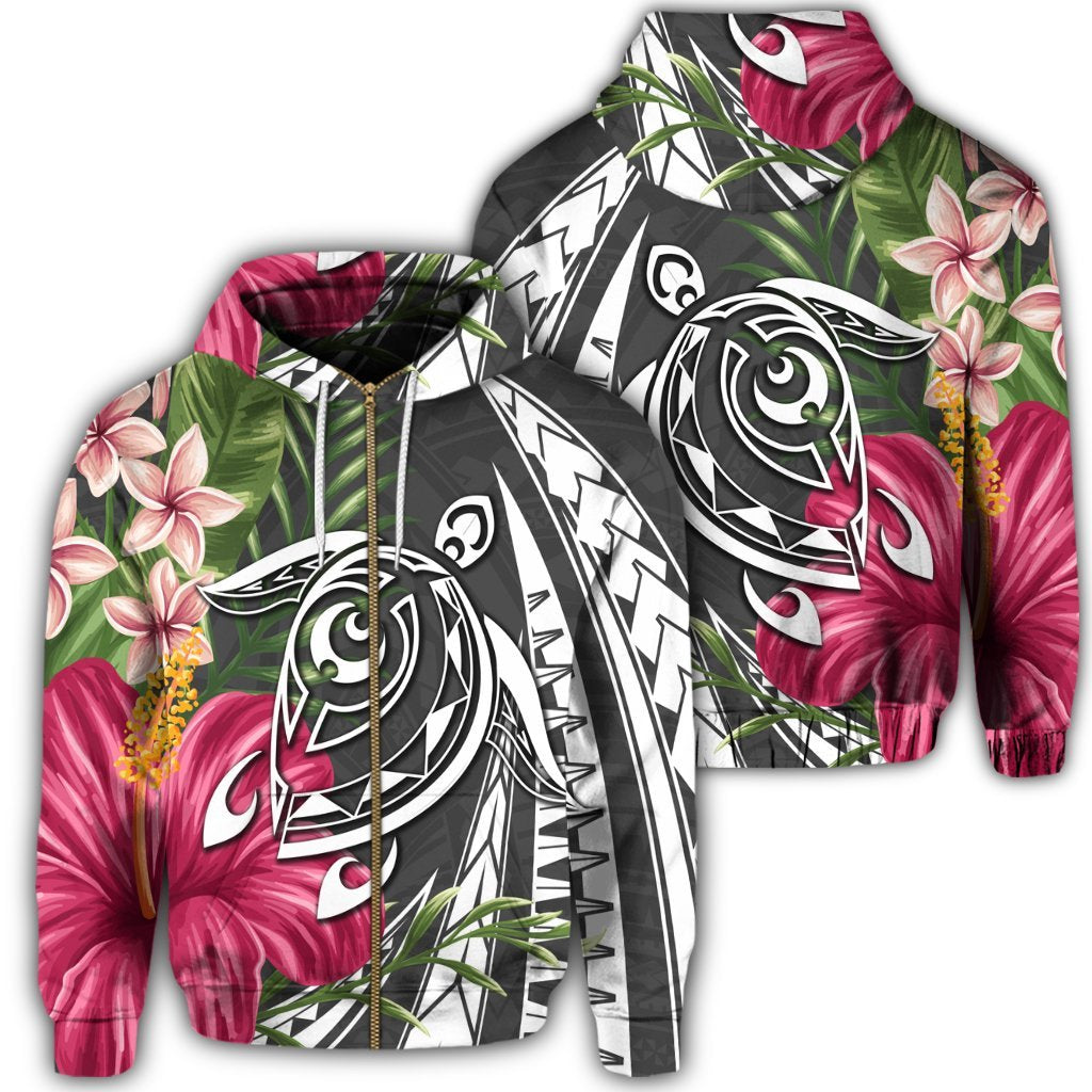 Hawaii Zip Hoodie Polynesian Turtle Tropical Hibiscus Plumeria Gray Unisex Art - Polynesian Pride