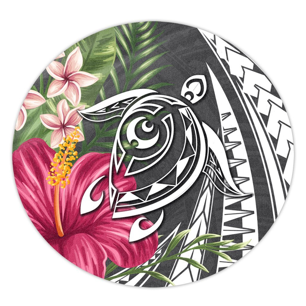 Hawaii Polynesian Turtle Tropical Hibiscus Plumeria Round Carpet - Gray - AH Round Carpet Luxurious Plush - Polynesian Pride