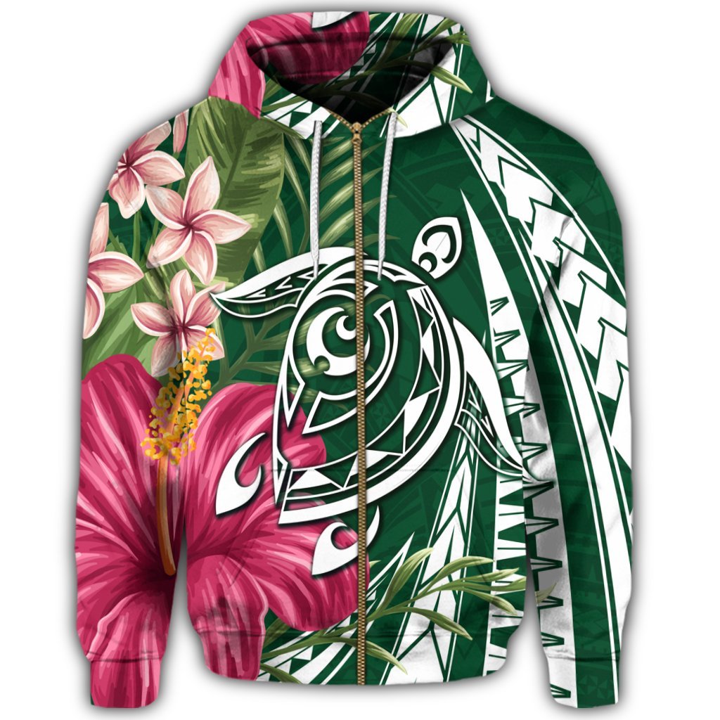 Hawaii Zip Hoodie Polynesian Turtle Tropical Hibiscus Plumeria Green - Polynesian Pride