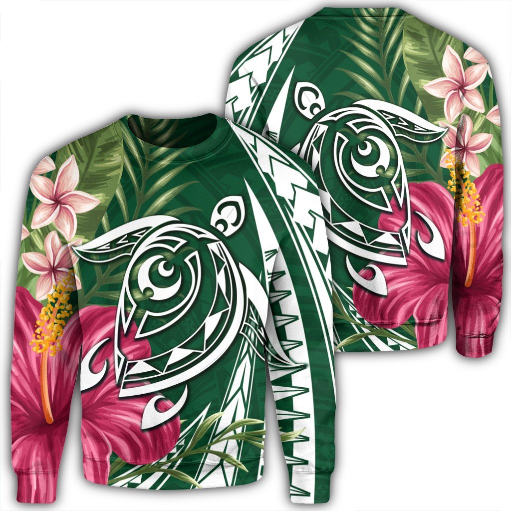 Hawaii Polynesian Turtle Tropical Hibiscus Plumeria Sweatshirt - Green - AH Unisex Black - Polynesian Pride