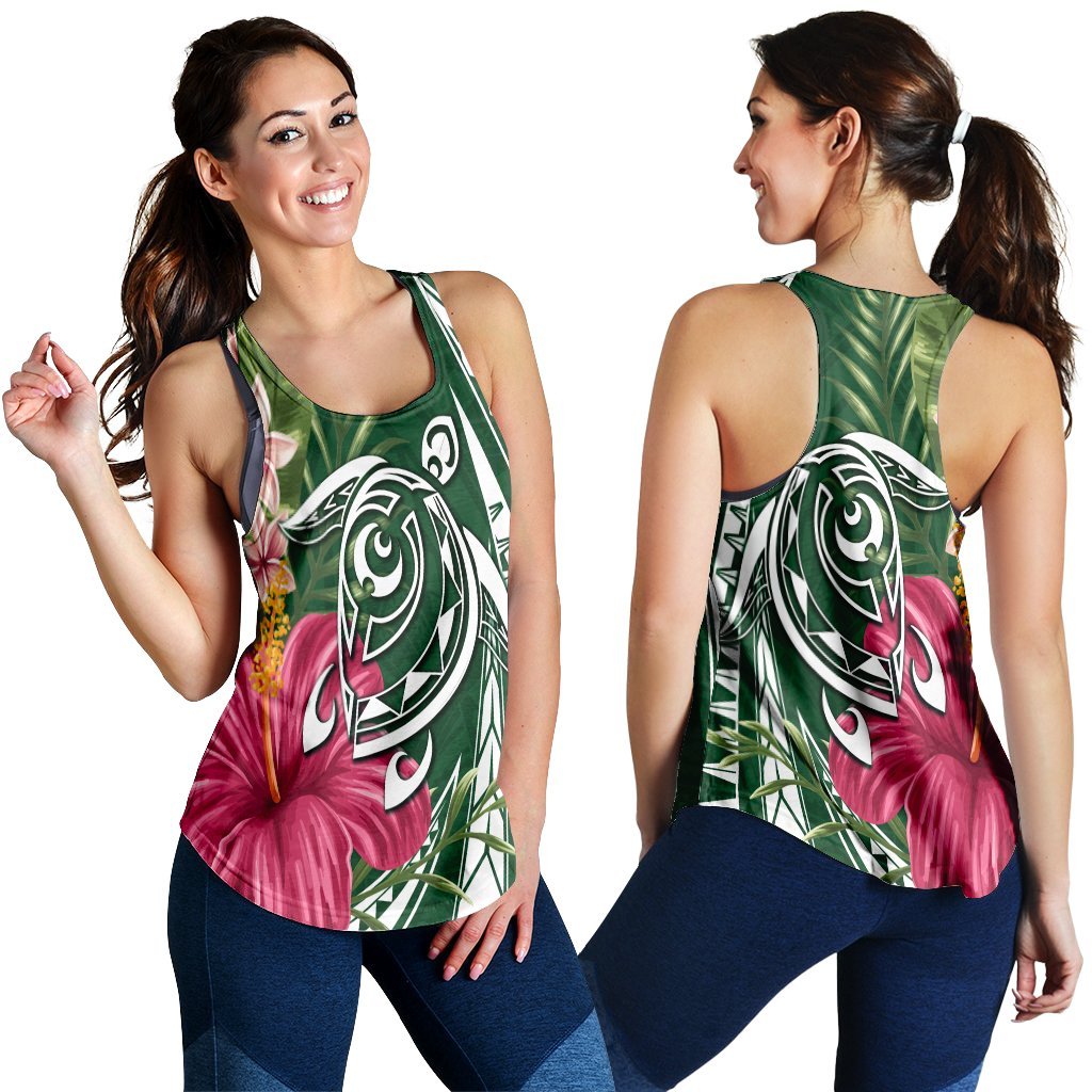 Hawaii Polynesian Turtle Tropical Hibiscus Plumeria Racerback Tank - Green - AH Black - Polynesian Pride
