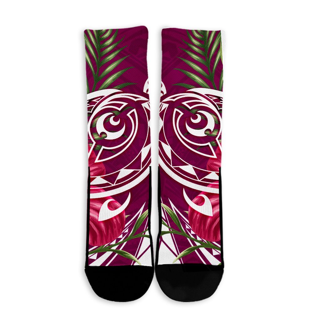 Hawaii Polynesian Turtle Tropical Hibiscus Plumeria Crew Socks - Pink - AH - Polynesian Pride
