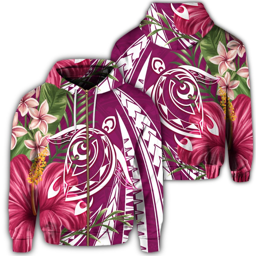 Hawaii Zip Hoodie Polynesian Turtle Tropical Hibiscus Plumeria Pink Unisex Art - Polynesian Pride